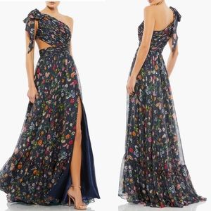 Mac Duggal NEW Cut Out One Shoulder Chiffon Floral Navy Gown Size 4